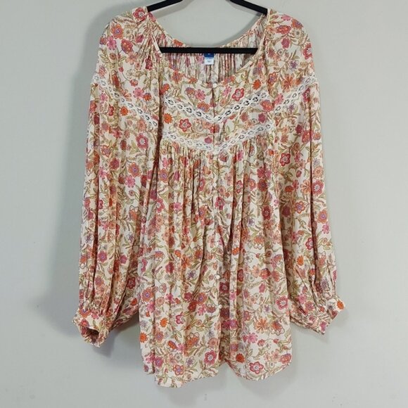 Old Navy Button Down Ditsy Floral Blouse Plus Size 4X Lace Insert Boho Festival - Picture 1 of 8